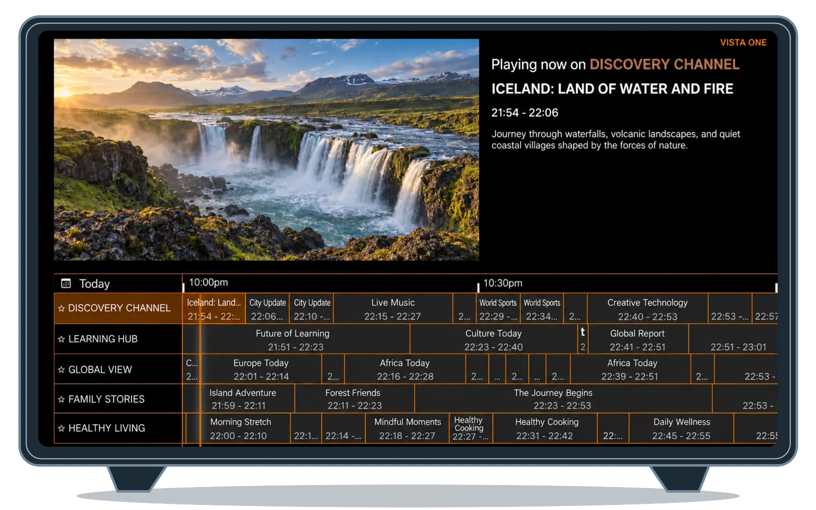 Strimm branded app running on Apple TV, showing a live channel and TV Guide