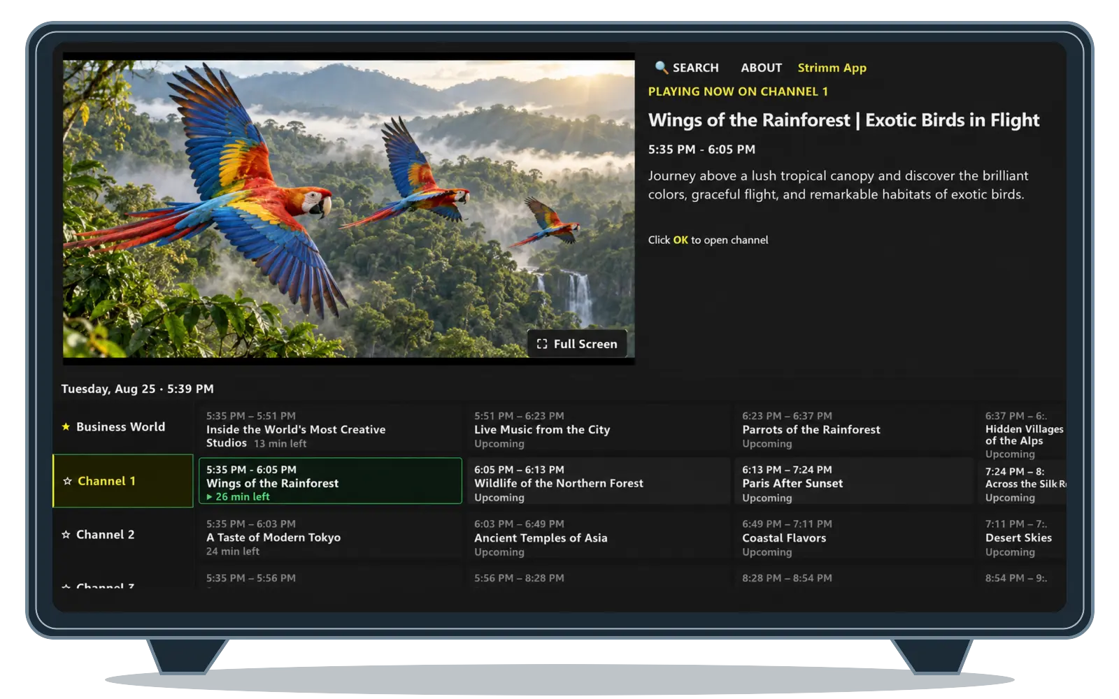 Strimm branded app running on a Fire TV device, showing a live channel and TV Guide