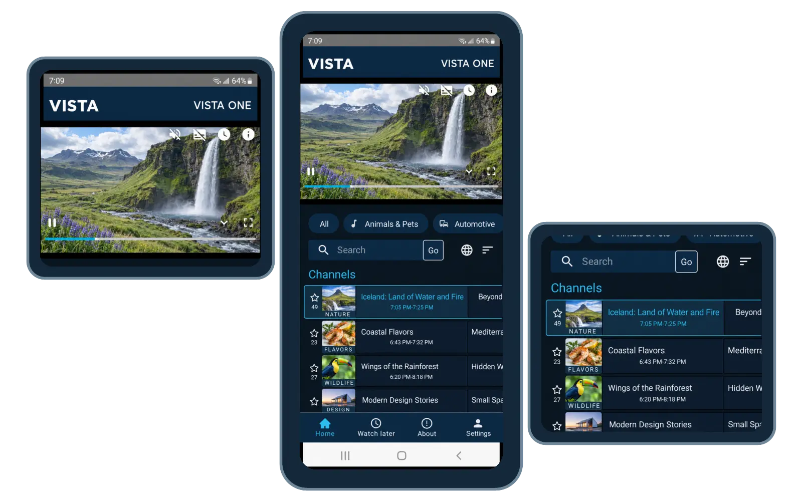 Strimm branded mobile app on iOS and Android, showing Live TV and VOD